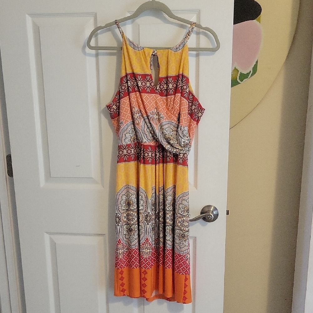 Valerie Bertinelli Vibrant Yellow,Red sleeveless elastic waist Midi Dress sz14